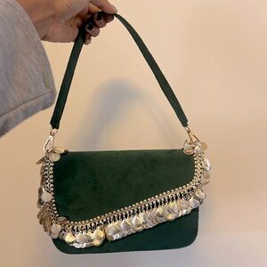 Suede Emerald Green Handbag with Gold Accent